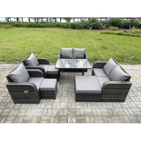 Fimous Polyrattan Garten Esstisch Set Gartenmöbel Sofa mit Rechteckiger Esstisch 3 Hockern Dunkelgrau Gemischt (1/5)