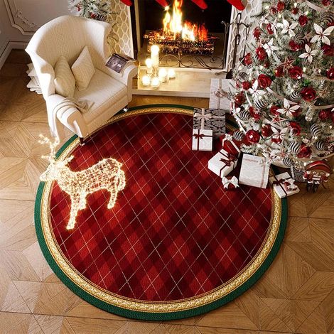 Tapis de sapin de Noël en fausse fourrure 60x60cm avec motif cloche, tapis de sapin en velours motif élan festif (1/5)