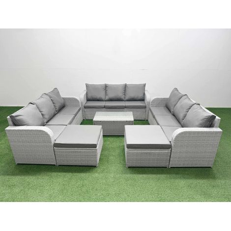 Fimous PE Rattan Lounge Sofa Set 11 Seater Outdoor Garden Furniture Set with Rectangular Coffee Table 3 Seater Sofa 2 Big Footstools Light Grey (1/5)