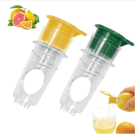 Lot de 2 presse-citrons avec bouchon vissé et bec verseur, sans BPA, faciles à utiliser et à nettoyer, pour citron, orange, citron vert et pamplemousse, jaune et vert (1/5)