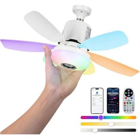 47cm RGB Ventilateur de plafond avec lumière, 32W E27 socle Ventilateur de plafond à lumière variable avec 3 vitesses, 6 pales et télécommande, Supporte couleurs RGB, lecteur musique (Multicolore) [Cl (1/4)