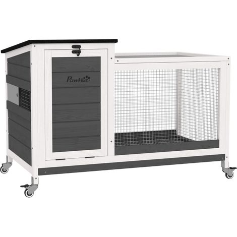 Clapier pour lapins avec enclos, toit ouvrant, tiroir de nettoyage et roulettes, usage intérieur/extérieur, gris foncé 92 x 52 x 67 cm, pour 1 à 2 lapins - CHICFURN (1/5)