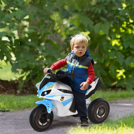 Kinder-Rennmotorrad zum Draufsitzen mit Musik- und Lichteffekten sowie Aufbewahrungsbox, blau und weiß