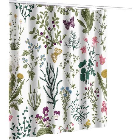 Vintage-Duschvorhang mit Blumenmuster, salbeigrünes Duschvorhang-Set im Retro-Stil mit botanischen Motiven, fröhlicher Duschvorhang im Bohème-Stil mit Pflanzen, Kräutern, Blumen und Schmetterlingen///