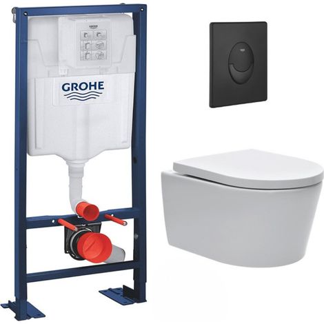Grohe Pack WC bâti-autoportant Rapid SL + WC sans bride SAT, fixations invisibles + Abattant softclose + Plaque Noire mat (1/5)