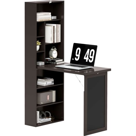 Scrivania Moderna Pieghevole con Libreria e Lavagna, in Legno e Metallo, 98x51x153 cm, Marrone