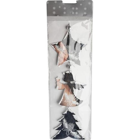 Set di tre ciondoli a specchio in argento: angelo, albero di Natale, stella.