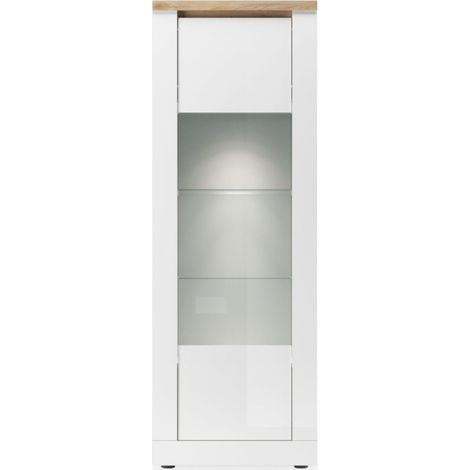Vitrine SASHA – 1 Tür und integrierte LED – Weiß lackiert und Eiche Cadiz