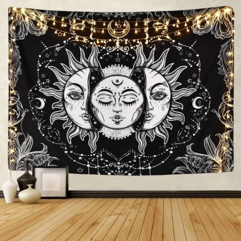 BUNTHAUS Tapisserie Psychédélique Soleil et Lune Tapisserie Noir et Blanc Chambre Studio Décor (Noir, 148 x 200 cm) (1/5)
