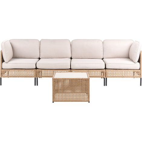 Sofá de exterior con mesa de centro de ratán sintético 4 plazas estructura de metal con cojines para el respaldo y el asiento tablero de vidrio beige claro OMEGANA (1/5)