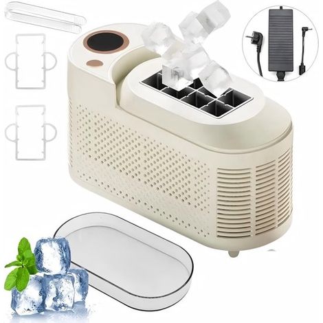 Mini máquina de cubitos de hielo, 8 cubitos por ciclo, Portátil y compacta, 12V y 230V, camping y oficina, Hielo rápido en 10 minutos, Blanca (1/5)