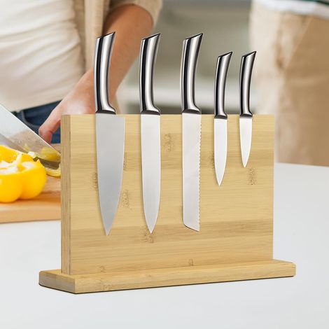Cuchillos de cocina - Bloque magnético de madera de acacia de doble cara - Elevado, antideslizante y ahorra espacio