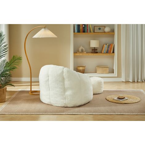 Fauteuil pouf adulte en forme de fleur avec repose-pieds, revêtement en fausse fourrure crème, livré sans montage (1/5)