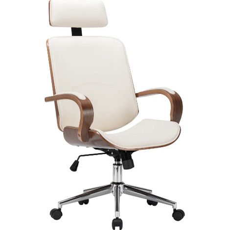 Fauteuil de bureau avec appuie-tête simili cuir beige et bois courbé foncé Cine (1/5)