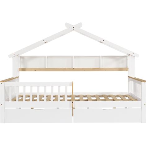 Cama cabaña infantil 140x200 cm de pino y MDF con barandillas, 2 cajones y techo (1/5)