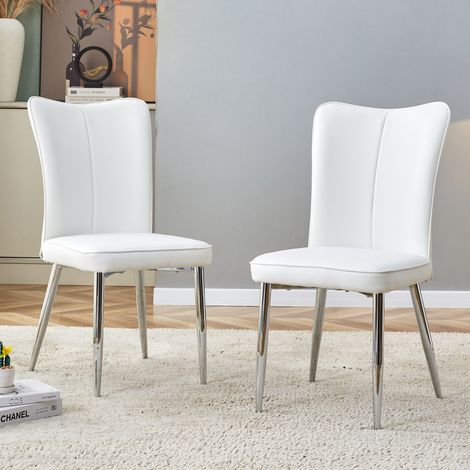 Lot de 2 chaises de salle à manger modernes en PU blanc, pieds métalliques argentés 89 cm OKWISH (1/5)