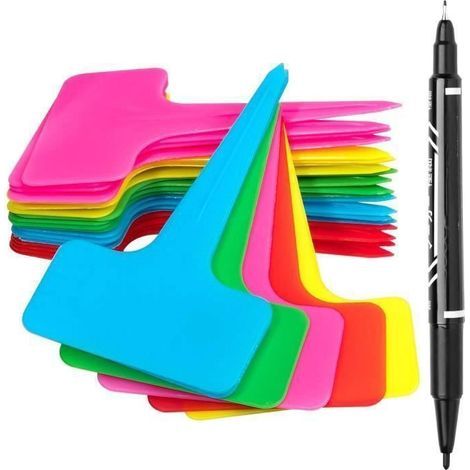 Set of 100 T-shaped plant labels with a gel pen, made of waterproof plastic in 5 colors for the garden.