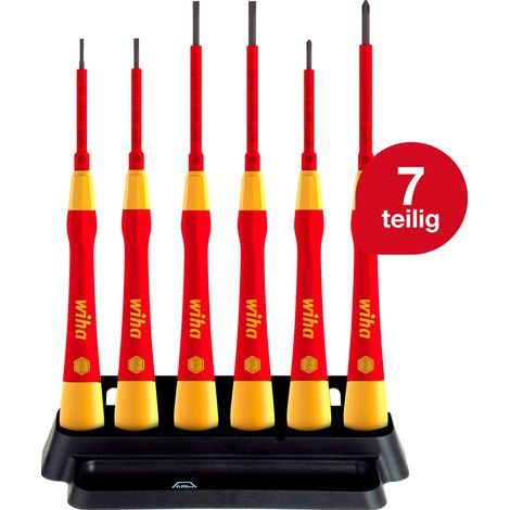 Wiha Feinschraubendreher Set PicoFinish® electric 7-teilig inkl. Halter I Schraubendreher für Elektriker I VDE I Schlitz, Kreuzschlitz (42989)