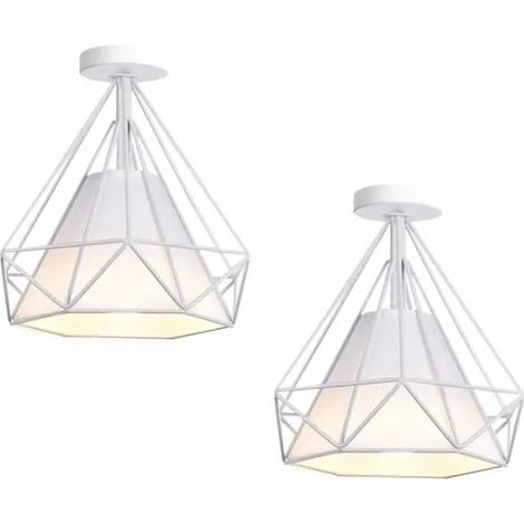 U-Do 2Pcs Plafonnier Industriel Lampe Abat - Jour Cage forme Diamant en Métal Blanc design Vintage pour Cuisine Salon Bureau (1/4)