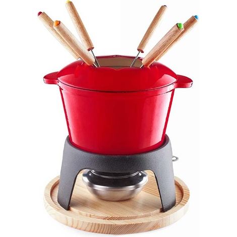 LACOR Fondue-Set aus emailliertem Gusseisen, Eisenständer mit Holzsockel, 6 Gabeln, rot