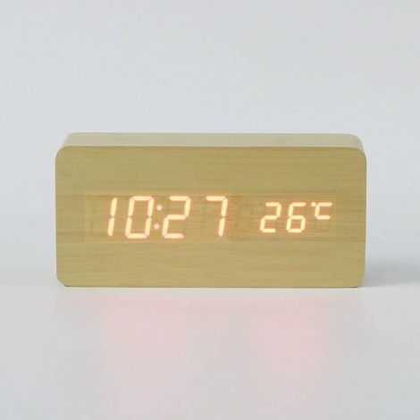 1 Horloge murale en bois avec affichage LED de l'heure, date et température, réveil électronique avec 3 alarmes, luminosité réglable, alimentation USB ou piles (1/3)