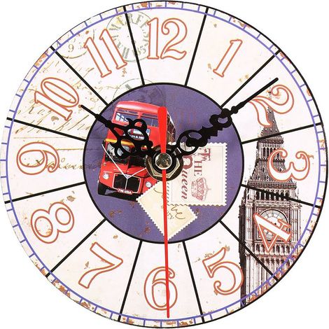 1 Horloge murale MDF, style vintage, aiguilles noires et rouges, salon, bureau (1/3)