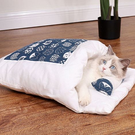1 sac de couchage pour chat, niche-lit semi-fermée, tapis doux et confortable, coussins amovibles, motif chat bleu, taille L (1/5)