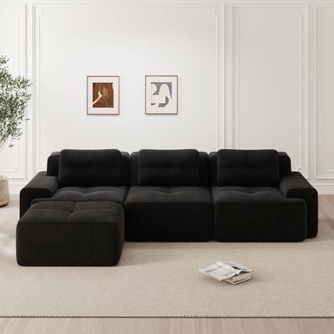 Canapé Cloud L modulaire sans ossature,avec ottoman,3 places en velours côtelé,sans montage,meuble confortable pour le salon,noir (1/5)