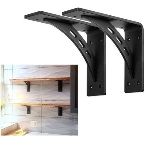 2 Pcs Equerre Etagere Murale Noir, Equerre Charge Lourde, Supports Équerre Étagère de Fixation Etagere Murale Vintage, Supports d'Étagère Murale à 90 Degrés Metal pour Meuble (1/5)