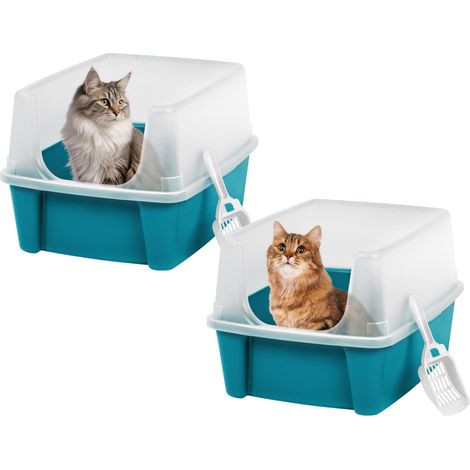 Bac a Litiere pour Chat avec Pelle, Lot de 2, Bleu, Nettoyage Facile, Maison de Toilette, Rebords Amovibles, Pour Chats Adultes, Chatons, Lapins, Sans BPA, Ouverture en haut, CLH-12 (1/5)