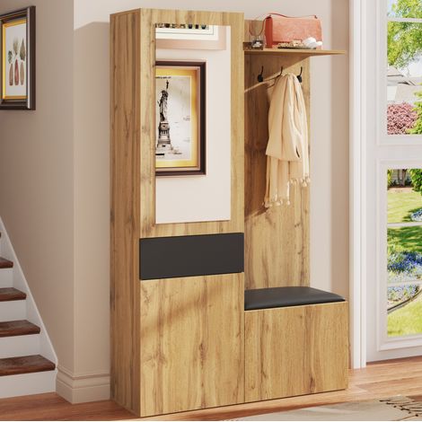 Garderobenset (98.5x38x191 cm), mit 5 Kleiderhaken, Spiegel und Schuhschrank, MDF, Schwarz und Natur (1/5)