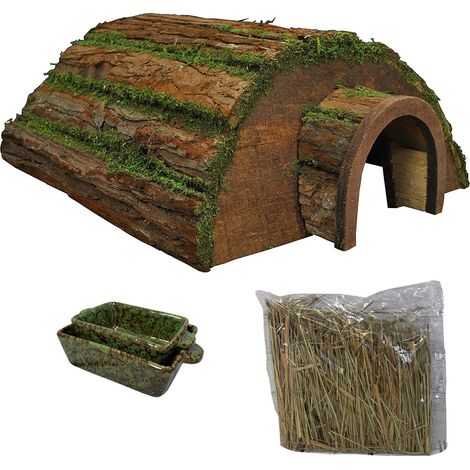 Wooden Barkwood Hogitat Hedgehog House with Feeding Bowls and Straw