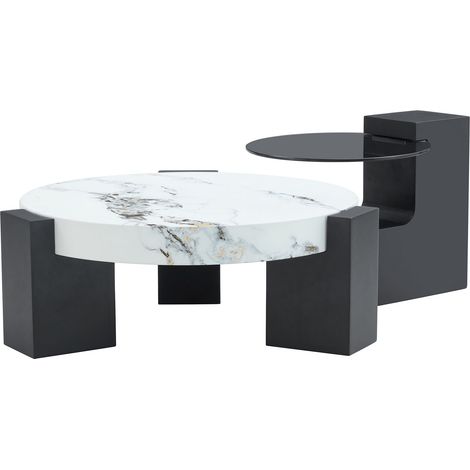 Moderner runder 2-stufiger Couchtisch aus MDF und Glas, weiß marmoriert und schwarz, 2er-Set (1/5)