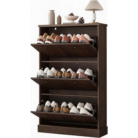 Gain de place - Meuble à chaussures étroit en bois 3 tiroirs abattants, étagères réglables, rangement chaussures discret, autoportant pour entrée/couloir/salon, style moderne - Noyer noir (1/5)
