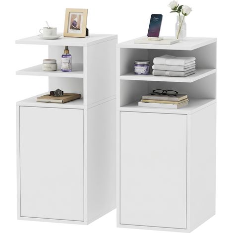 Ensemble de 2 tables de chevet avec porte et compartiments ouverts pour petits espaces, 25 x 30 x 60 cm, blanches (1/5)