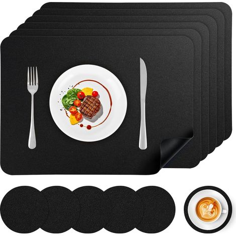 Ensemble de 12 sets de table lavables, comprenant 6 sets de table et 6 sous-verres en PVC, de couleur noire. (1/5)