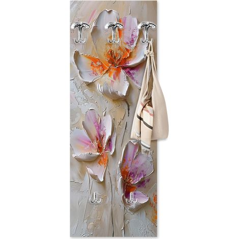 Lupia - Appendiabiti da Parete moderno con pannello in legno Stampato, FLOREALE MATERICO 46x125 cm, Design naturalistico con fiori, 5 Ganci in metallo, Stampa HD, ingresso soggiorno camera da letto