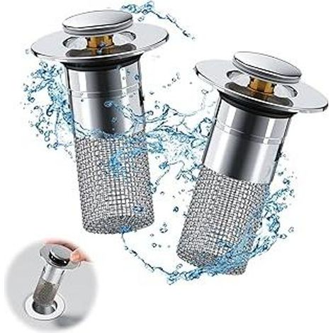 Bouchon d'évier 2 en 1 avec crépine, 2 pièces, argenté, universel pour bondes de 33 à 35 mm, filtre à cheveux, mode rétention et évacuation de l'eau, salle de bain, cuisine, baignoire