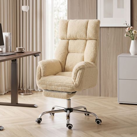 Chaise Bureau Ergonomique avec Accoudoirs Rabattables 5 Niveaux, Fauteuil de Bureau Inclinable en Tissu Teddy, Crème (1/5)