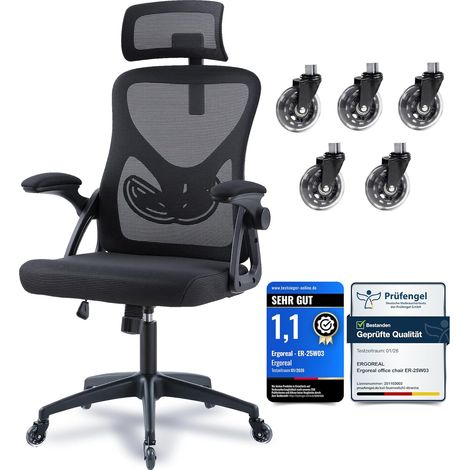 Chaise de bureau ergonomique noire, appui-tête 2D, accoudoirs relevables, maille, inclinable 90-110° (1/5)
