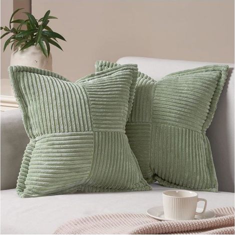 Ensemble de 2 housses de coussin décoratives en velours côtelé doux double face vert sauge, 40 x 40 cm (1/5)