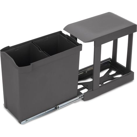 Emuca Contenedores de reciclaje para cocina, 2 x 14L, fijación inferior y extracción automática, Acero y Plástico, Gris antracita (1/5)