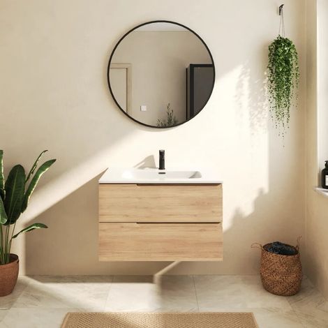 Mobile bagno sospeso 120 cm due cassetti rovere chiaro con lavabo Berg (1/4)