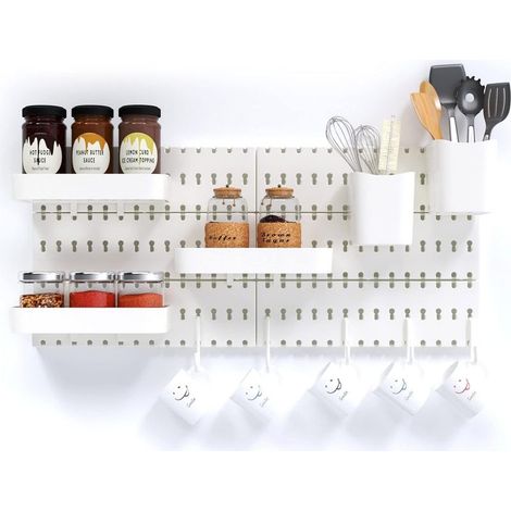 Weiße Lochwand, Wandregal und Organizer für Büro und Küche, Lochwand-Kombinationsset (6 Paneele, 3 Körbe, 2 Becher, 5 Haken), nagelfreie Montage (1/5)