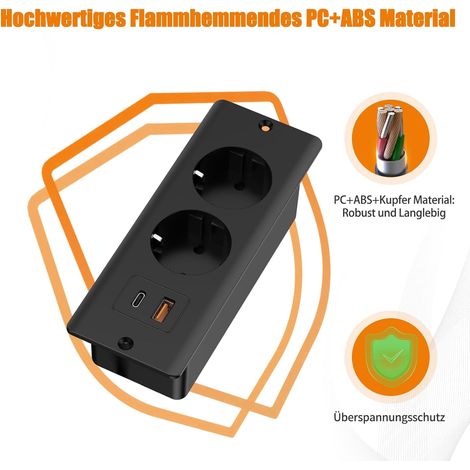 Tafel, integrierter Anschluss mit 1 USB und 1 Typ C, integrierter Anschluss, Stromversorgung mit 2 m Kabel, Tafelanschluss, doppelte Steckverbindung für die Arbeitsplatte, schwarz