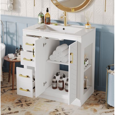 Mueble de baño blanco con lavabo cerámico, 3 cajones y lateral, 76,5×46,5×84,5 cm (1/5)