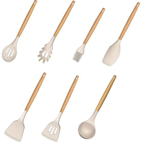 (Kaki) Ensemble de 7 pièces d'ustensiles de cuisine antiadhésifs en silicone, comprenant une spatule et des ustensiles de cuisine à manche en bois.