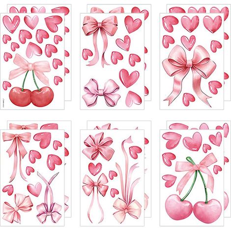 Ein Set aus 12 Wandaufklebern für Mädchen, Kirsch- und Herzmuster, rosa, Aquarell-Design, Dekorationen für den Valentinstag. (1/5)