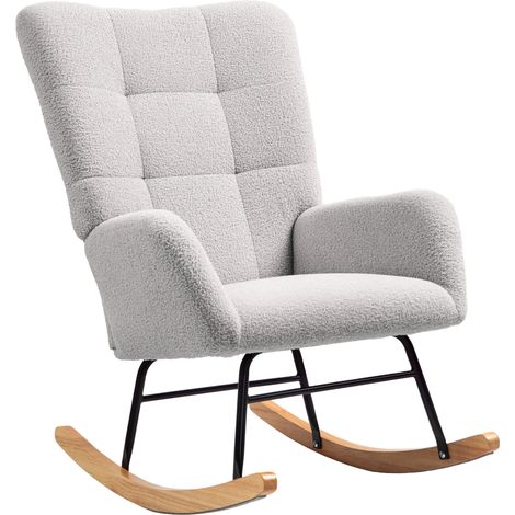 Fauteuil à bascule en tissu effet laine bouclée, gris, pieds en bois massif d'hévéa, pour chambre et salon