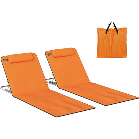 Outsunny 2 Pieces Outdoor Beach Mat Steel Reclining Chair Set w/ Pillow Orange